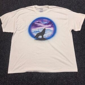 Gildan DryBlend Mens 3XL White Wolf Howling Moon Airbrush Graphic T-Shirt